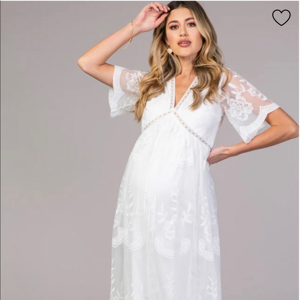 PinkBlush White Lace Mesh Overlay Maternity Maxi Dress